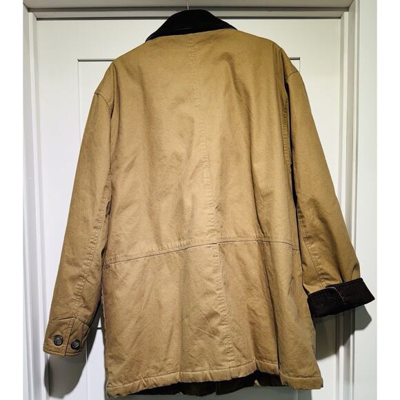 ST JOHNS BAY Men's XL Canvas Tan Flannel Lined Barn Chore Coat Leather Collar - Picture 13 of 15